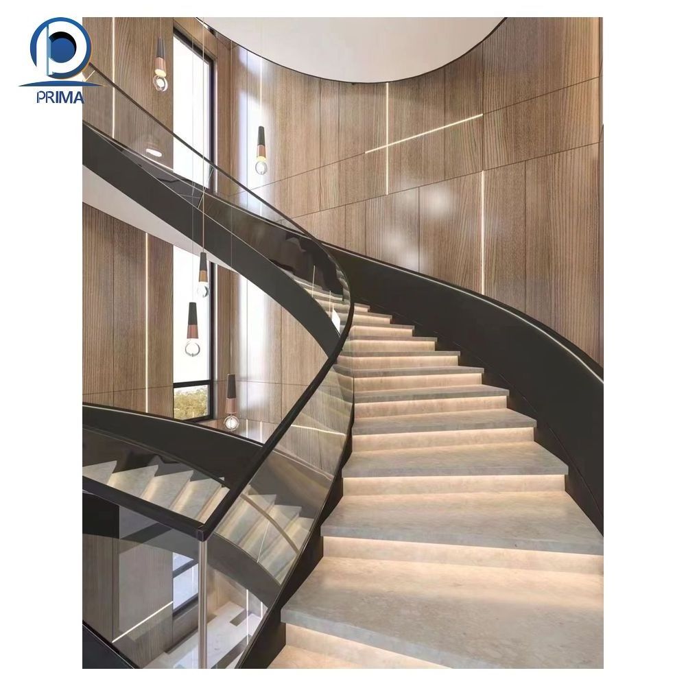 Prima Wooden Staircase Pillar Design Fixture For Bedroom Curved Staircase tempered glass steel curved stair case