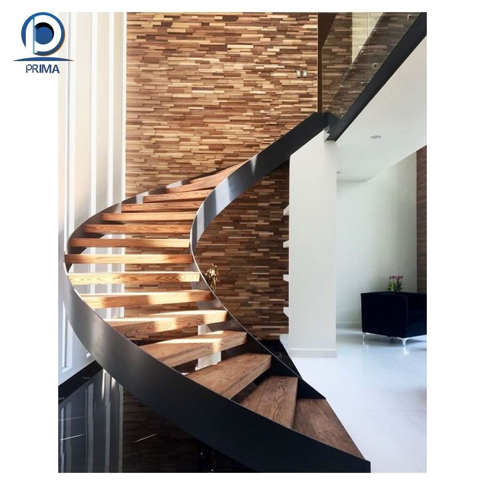 Prima Wooden Staircase Pillar Design Fixture For Bedroom Curved Staircase tempered glass steel curved stair case