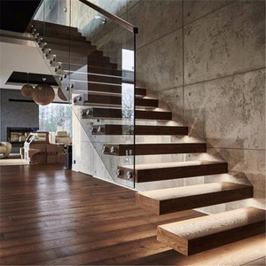 Prima  Hot selling indoor frameless glass railing solid wood steps build floating staircase designs stairs