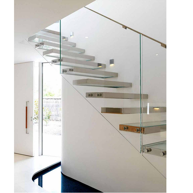 Prima Top Staircase Stairs Supplier Floating Straight Stairs With Wood Tread And Frameless Glass Railing Stair