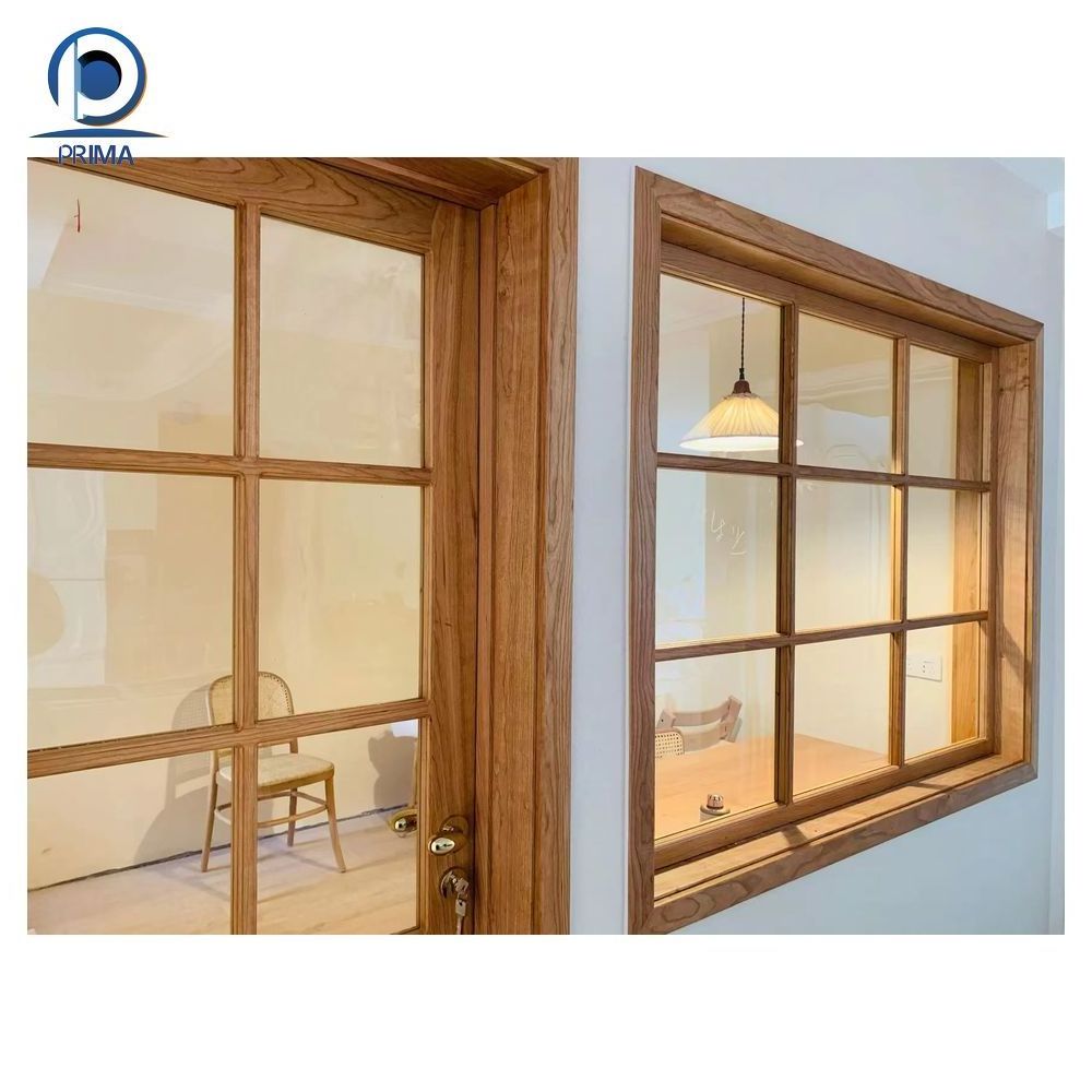 Prima wooden windows designs in Pakistan Exterior commercial glass Solid Wood Fixed Window frame storefront swing door prices