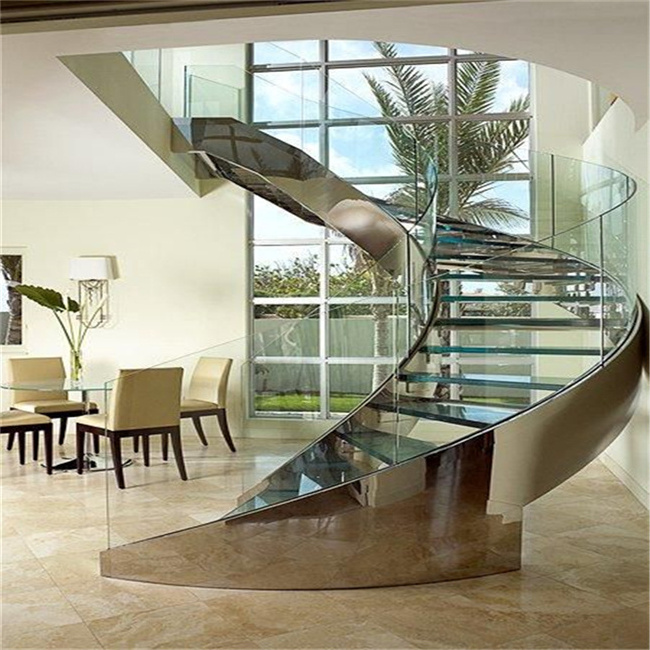 High quality double curved stringer staircase/steel glass spiral stair