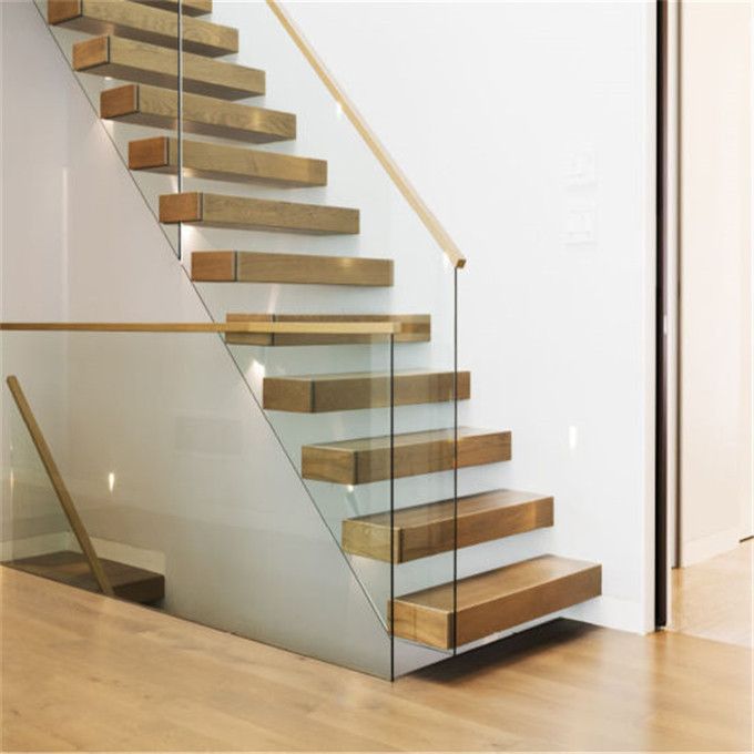 Prima  Hot selling indoor frameless glass railing solid wood steps build floating staircase designs stairs