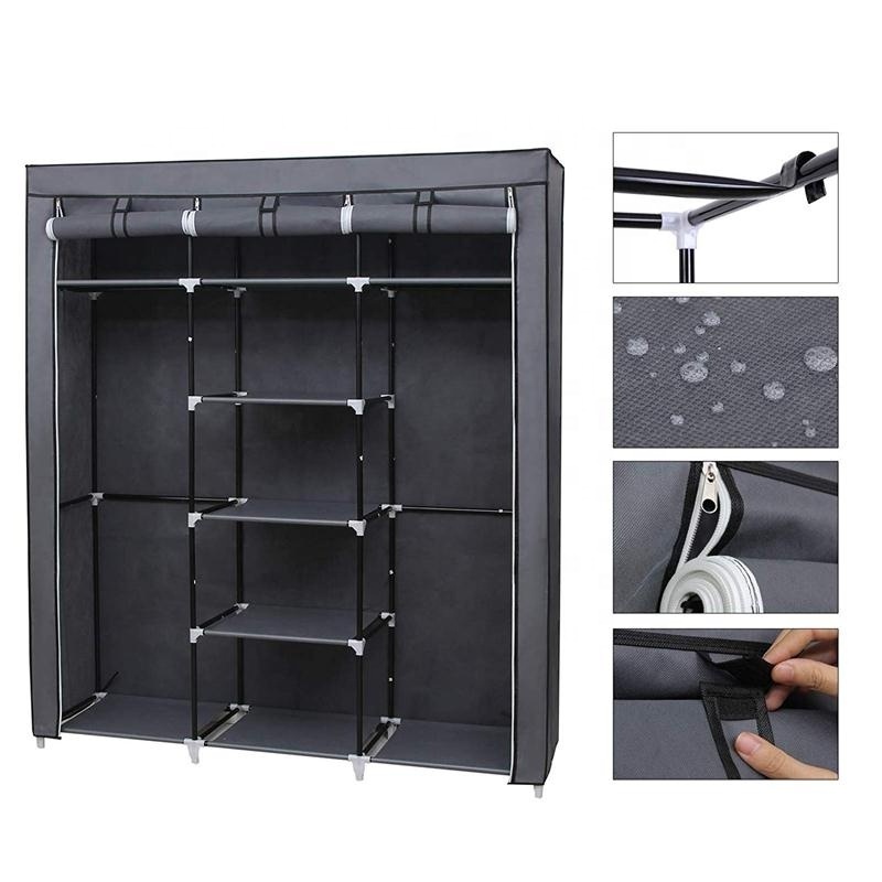 Portable Clothes Organizer Standing Closet Double Rod Storage Organizer Non-Woven Fabric Shelf Wardrobe PRIMA