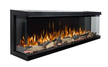 Prima 3 sided bay electric fireplace with wide ember bed and HD flame technology