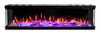 Prima 3 sided bay electric fireplace with wide ember bed and HD flame technology