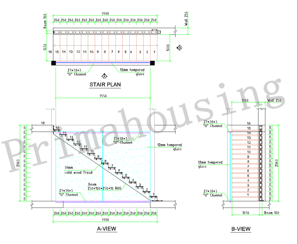 Prima Construction High Quality Code Modern Stair Floating Straight Stairs Interior Staircase with Wood Tread and Glass Railing