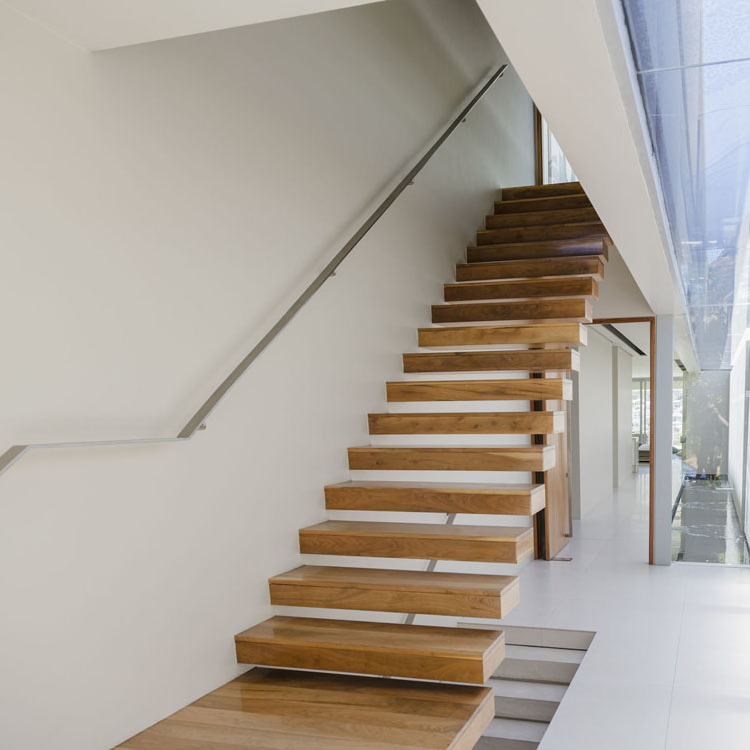 Red Oak Wood Tread Stairs Floating Cantilevered Staircase