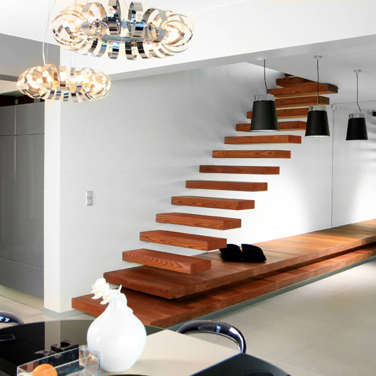 Red Oak Wood Tread Stairs Floating Cantilevered Staircase