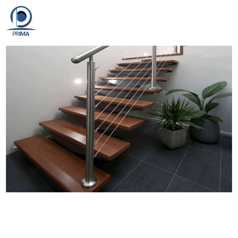 Prima Stairs suppliers white oak wooden open tread with sensor lights carbon steel stringer U shape straight mono stairs