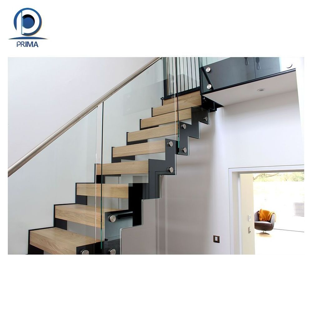 Prima Stairs suppliers white oak wooden open tread with sensor lights carbon steel stringer U shape straight mono stairs