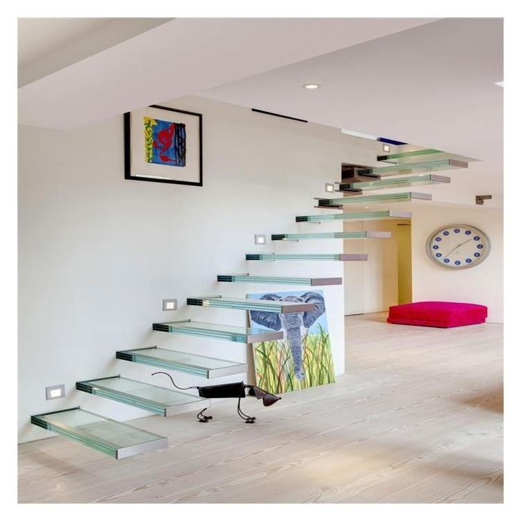 Invisible Cantilever Straightled Glass Steel  Floating Staircase Modern House Glass Staircase Design