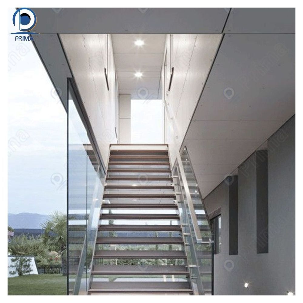 Prima High Quality Floating straight stairs central spine stair middle stringer staircase with wood tread and frameless glass