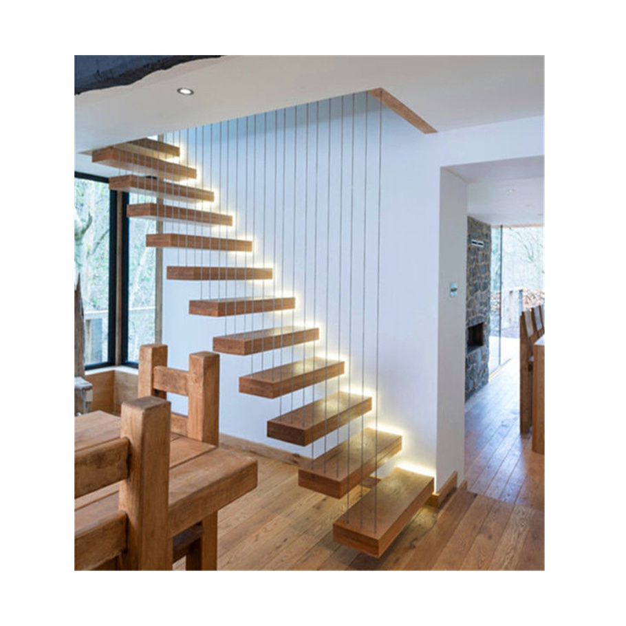 Prima Luxury modern stair glass balustrade led light floating straight stair wooden treads interior stair