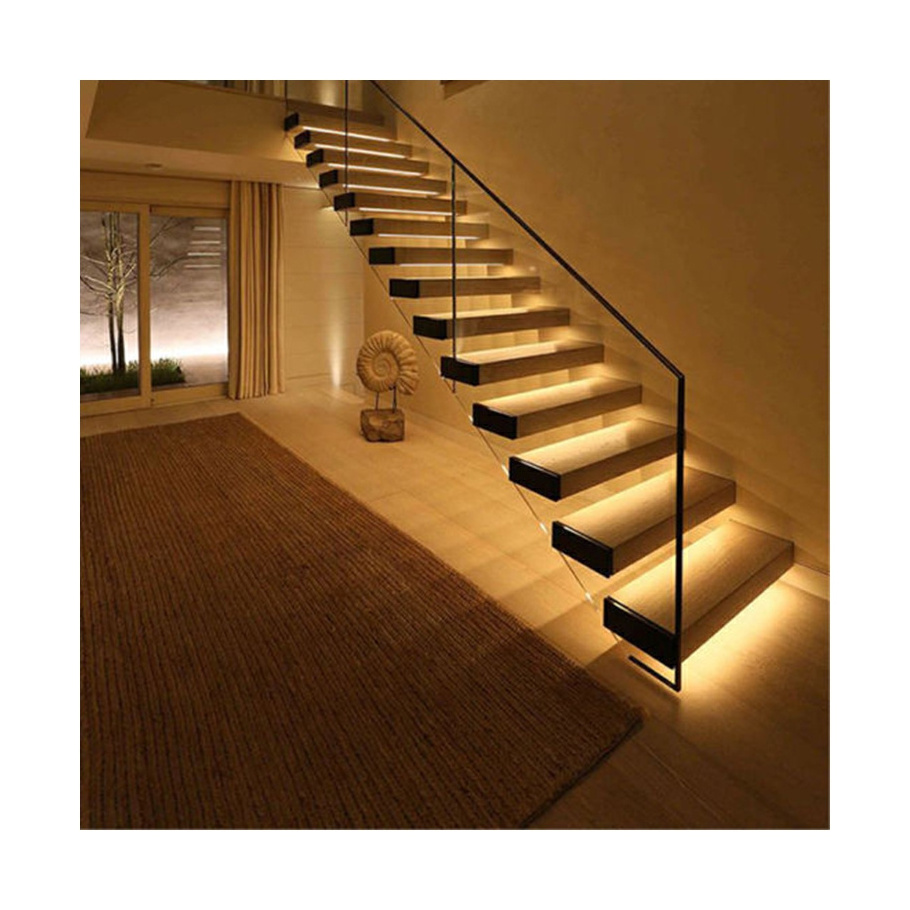 Prima Luxury modern stair glass balustrade led light floating straight stair wooden treads interior stair