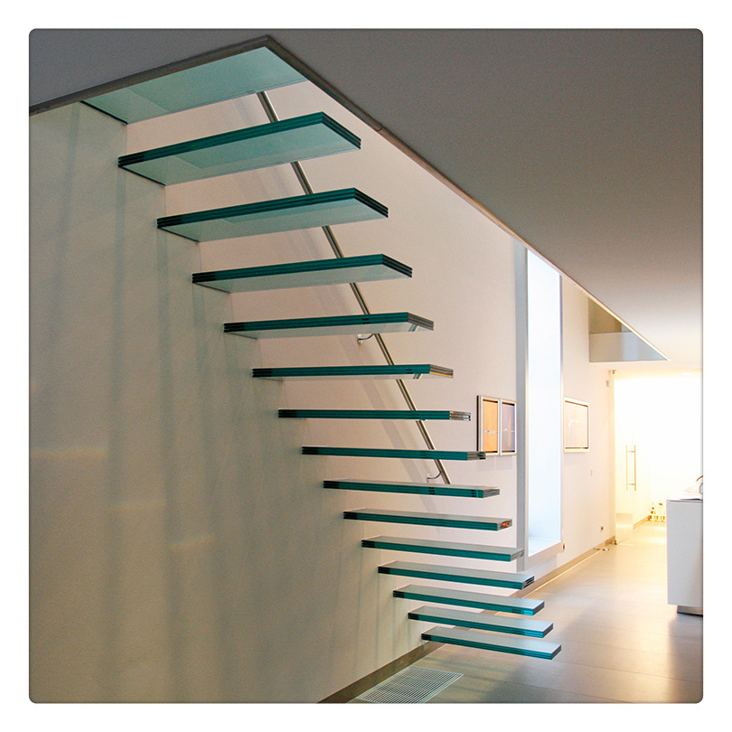 Prima Modern Indoor Stainless Steel Floating Stairs Folding Attic Glass Stairs with Wire Tension Railing Design