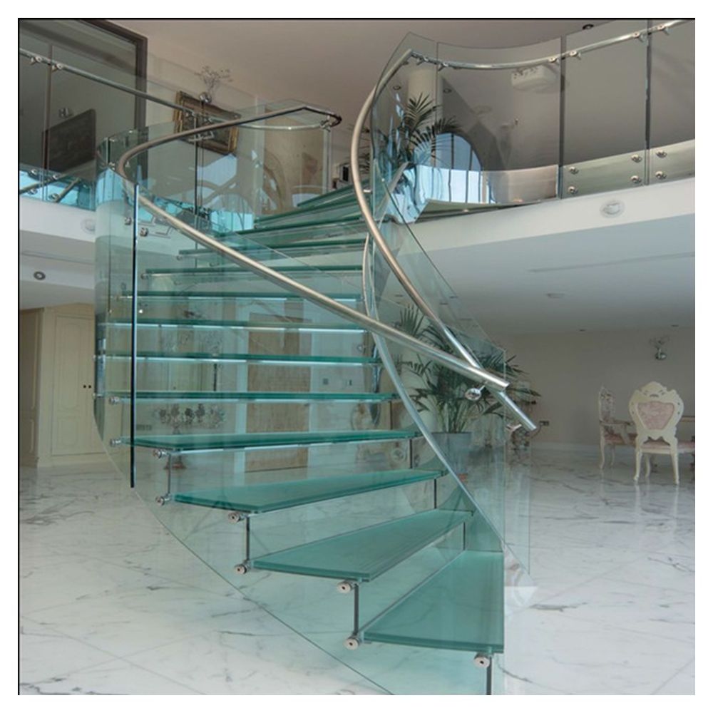 Prima Curved Glass Stairs White Oak Rubber Wood Stainless Steel Stair Marble Treads Floating Staircase Modern