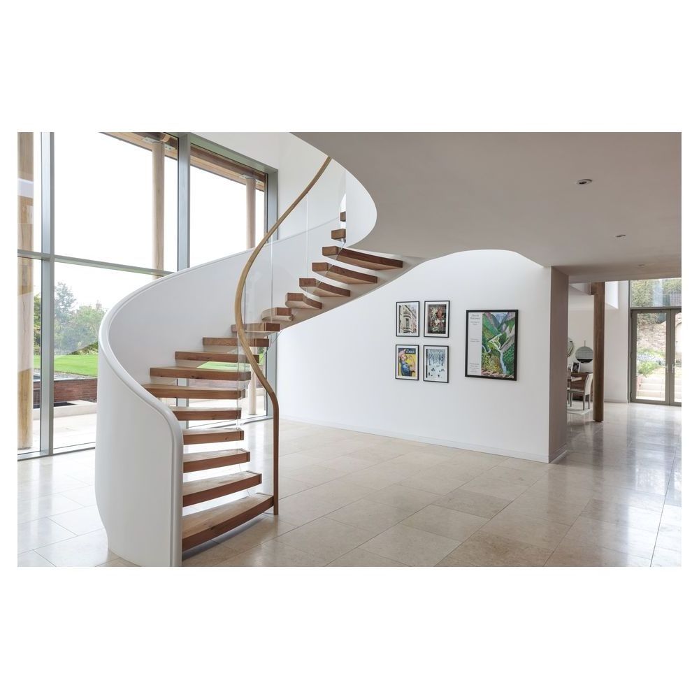 Prima Curved Glass Stairs White Oak Rubber Wood Stainless Steel Stair Marble Treads Floating Staircase Modern