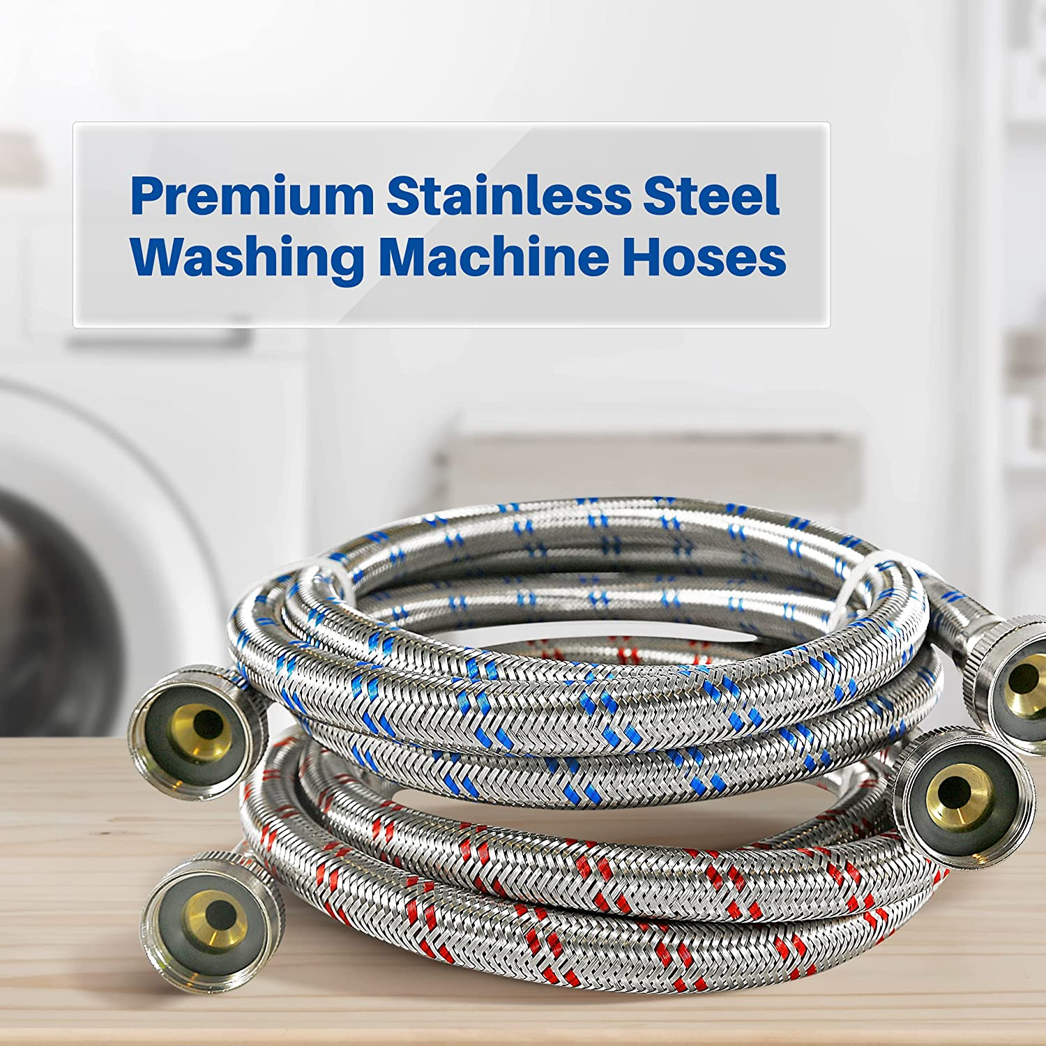 2 Pack Burst Proof  Hot and Cold Water Supply Hose 4ft Premium Stainless Steel Washing Machine Hose