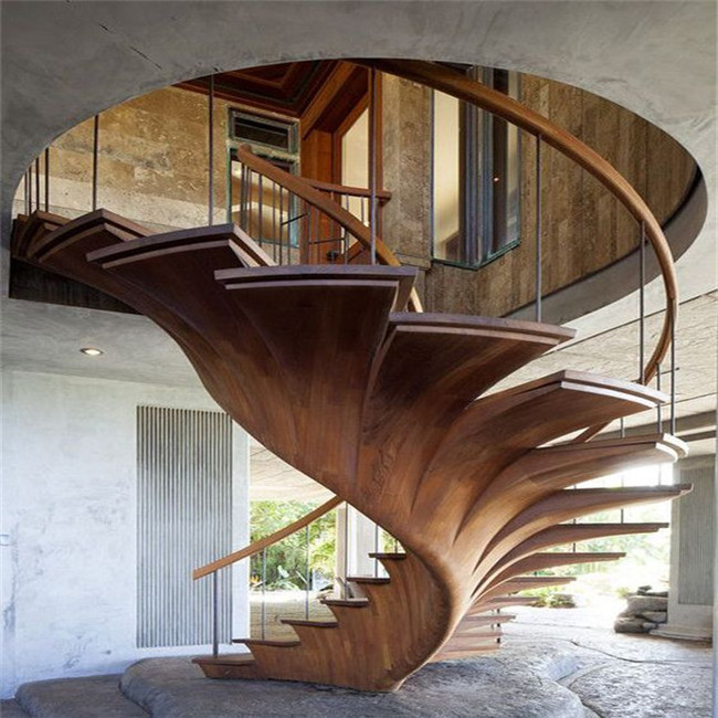 Indoor Low Cost Curved Steel Wood Staircase Design With Wooden Railing