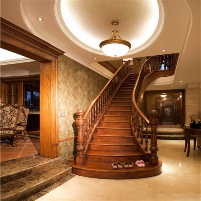 Indoor Low Cost Curved Steel Wood Staircase Design With Wooden Railing