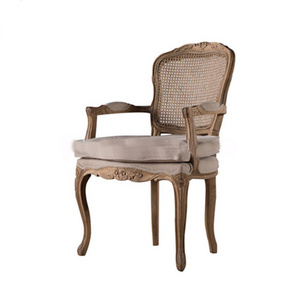 Hot Sale French Style Luxury Oak Wood Carved Cane Back Dining Chair With Arm