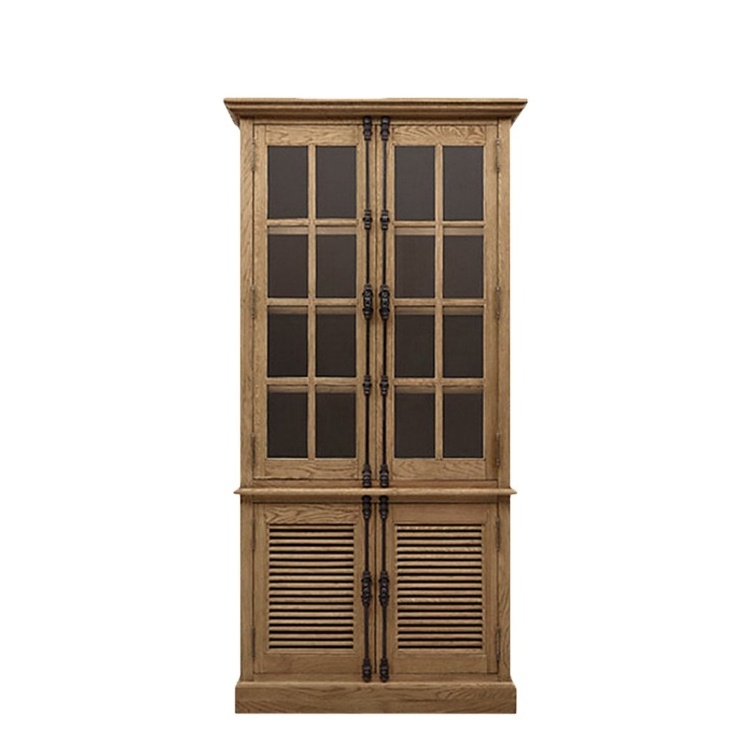 wholesale French casement oak wood 2 doors  kitchen storage cabinet with louver door cupboard