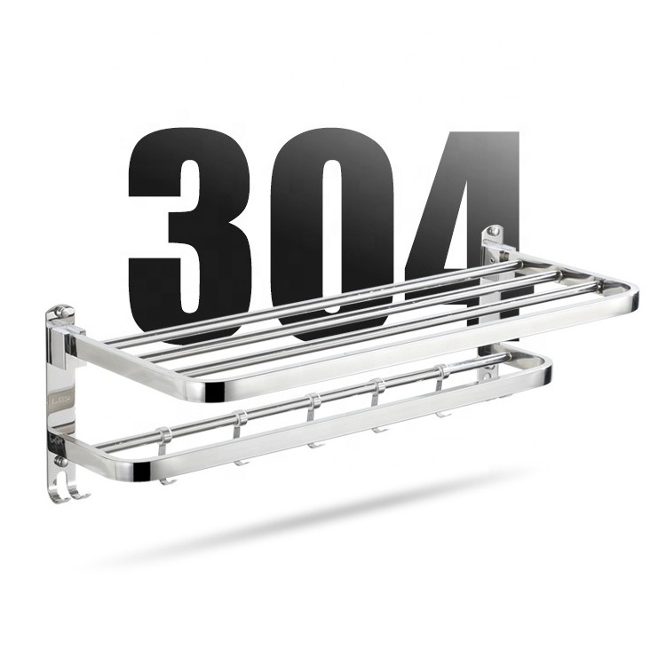 WTR-002 Wholesale Modern Hotel Home Polished Double Layer Wall Mounted Foldable Stainless Steel Bathroom Towel Racks with Hook