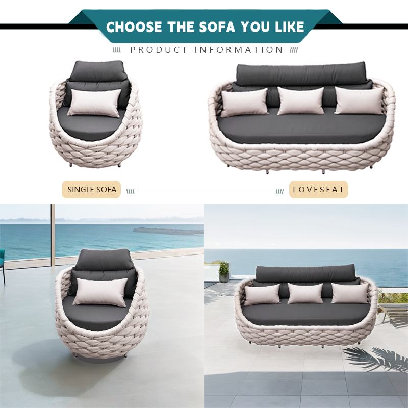 luxury Modern Metal Aluminum Fabric Woven rope weave sofa furniture rope patio garden outdoor furniture rope Lounge sofa Set