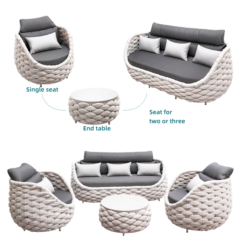 luxury Modern Metal Aluminum Fabric Woven rope weave sofa furniture rope patio garden outdoor furniture rope Lounge sofa Set