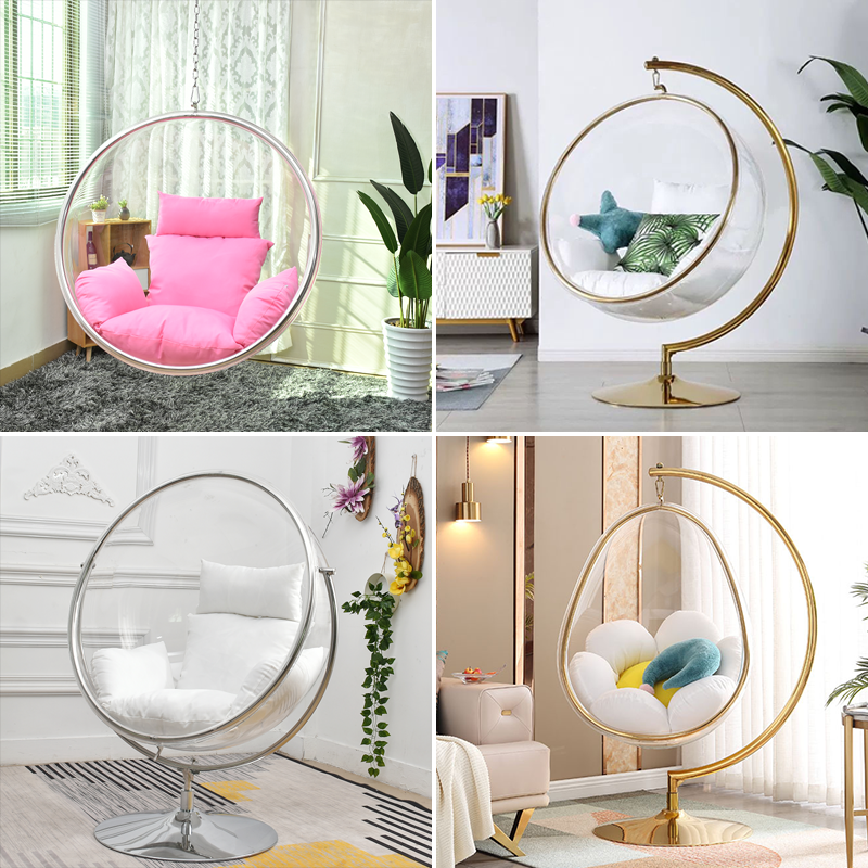 Luxury modern arm clear gold acrylic golden egg acrylic swing sofa bubble chair with stand acrylic hanging transparent