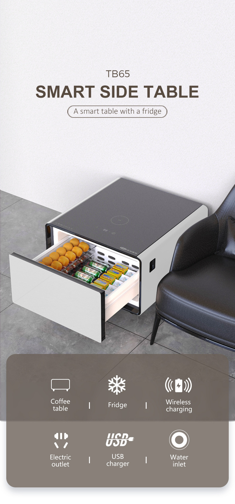 65L Mini Refrigerator Table USB Charger Wireless Charging Smart Coffee Table Sofa Side Table Refrigerator Drawer