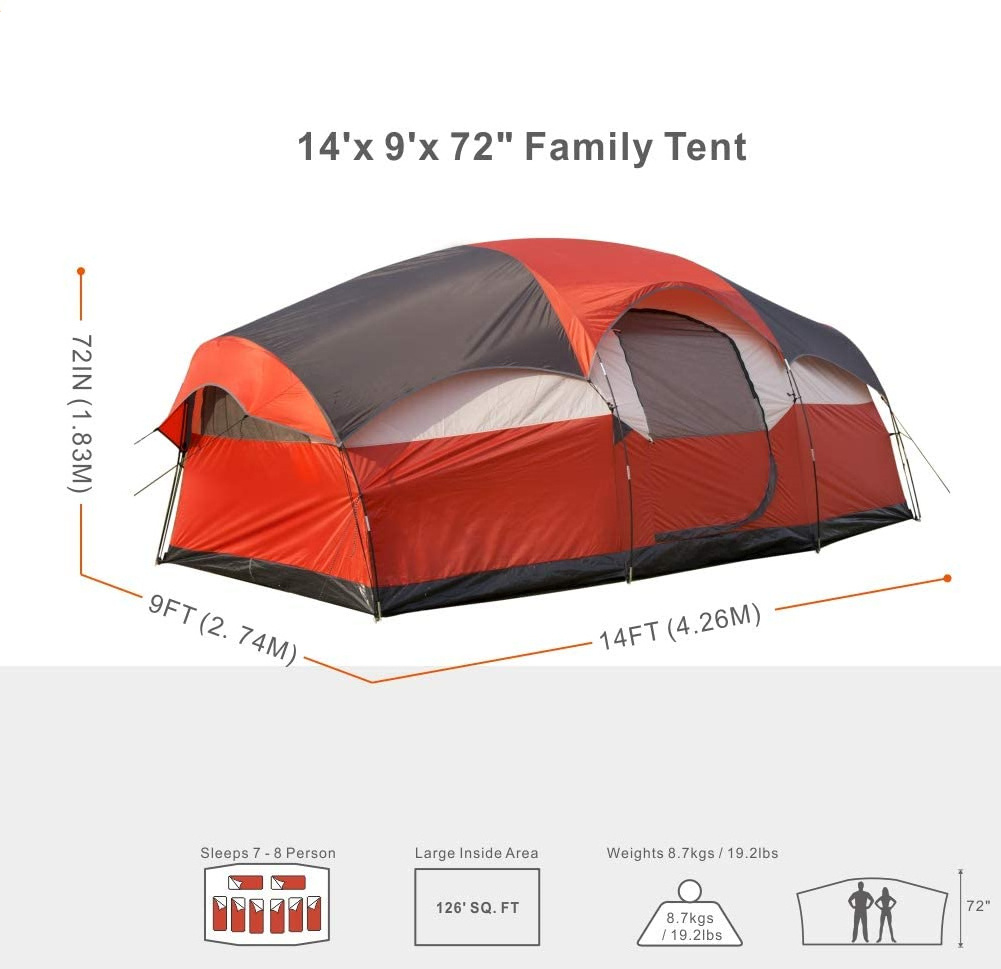 6-8 Person Waterproof Large Winter Outdoor Tent 3 Rooms Camping Family Tent 14' x 9'  x 72