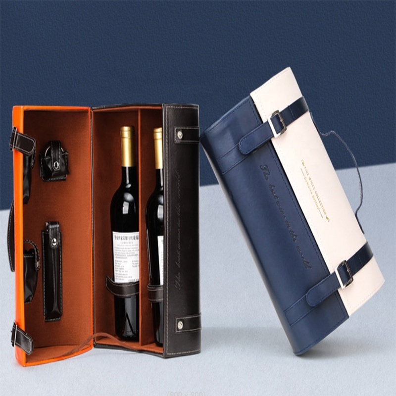 Wholesale spot snap design leather wine packaging with wine holder double bottles portable shaped leather wine packaging gift