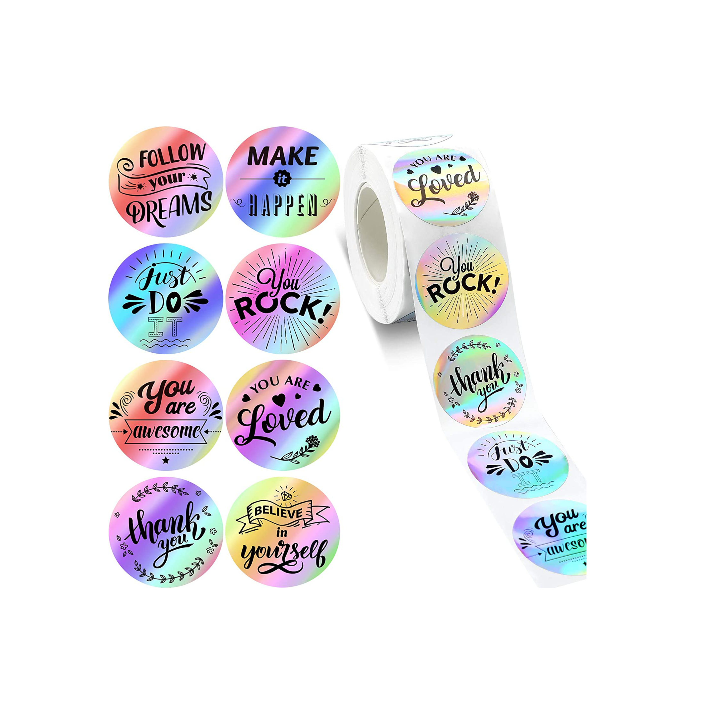 Inspirational Quote Stickers Roll Laser Encouraging Stickers Inspiring Planner Label Stickers Holographic Round Decal for Kids