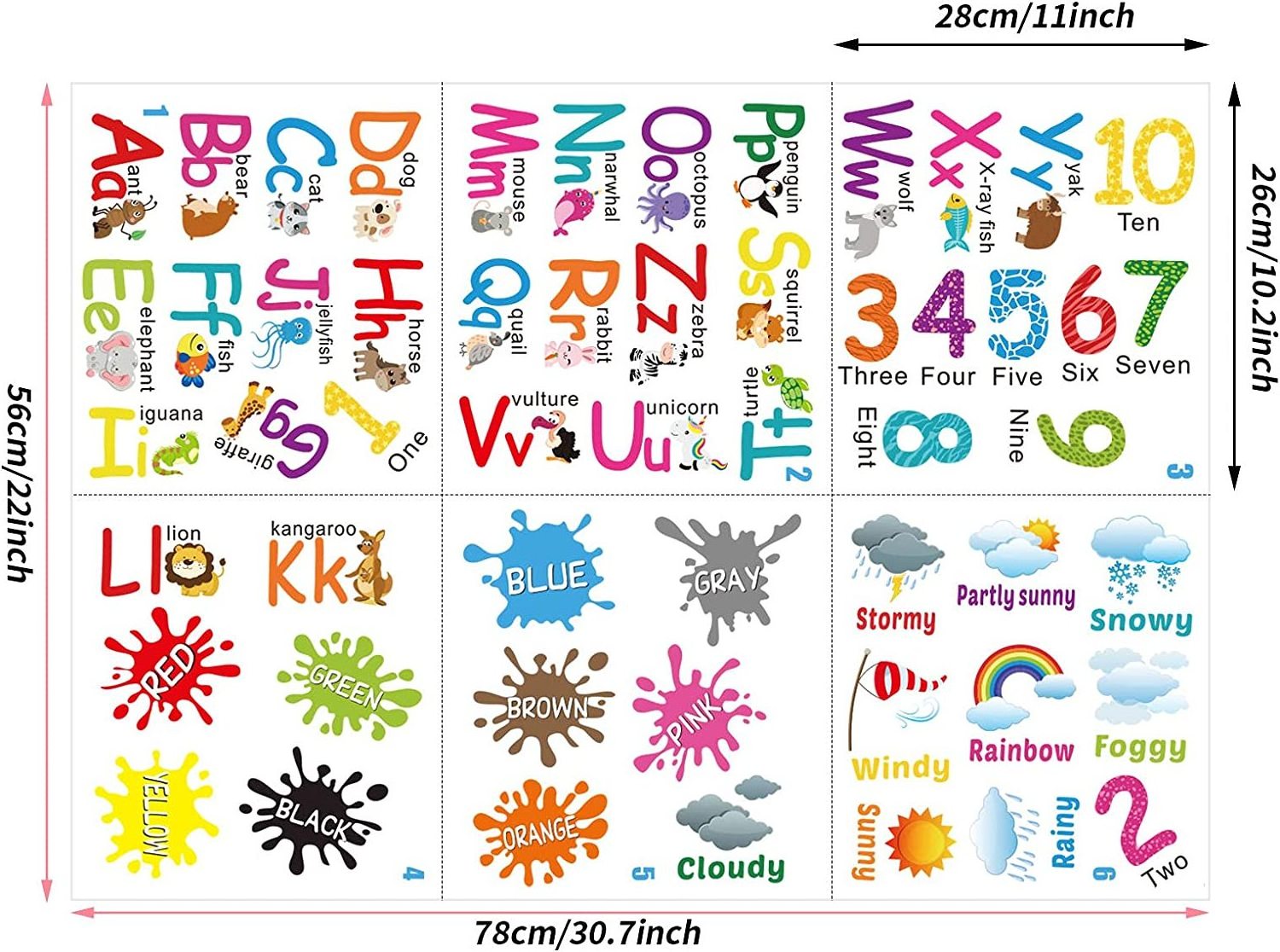 6 Sheets Alphabet Number Color Weather Alphabet Wall Sticker Children's Early Education Child Room Decoration Sticker Wall Decal