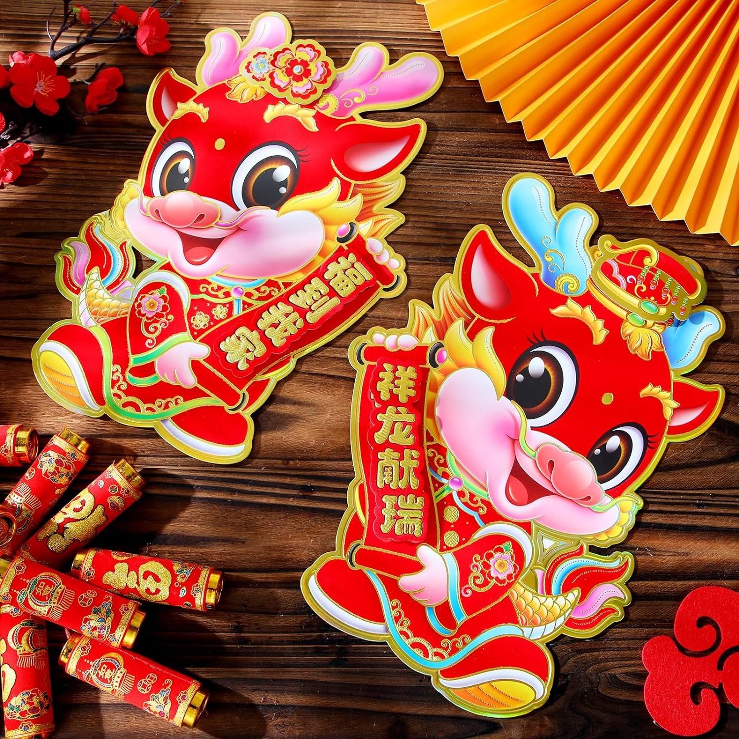 Chinese New Year Dragon Paper Lucky Hanging Ornaments Banner Red Envelopes Chinese Fu Character Window Decor for Spring Festival