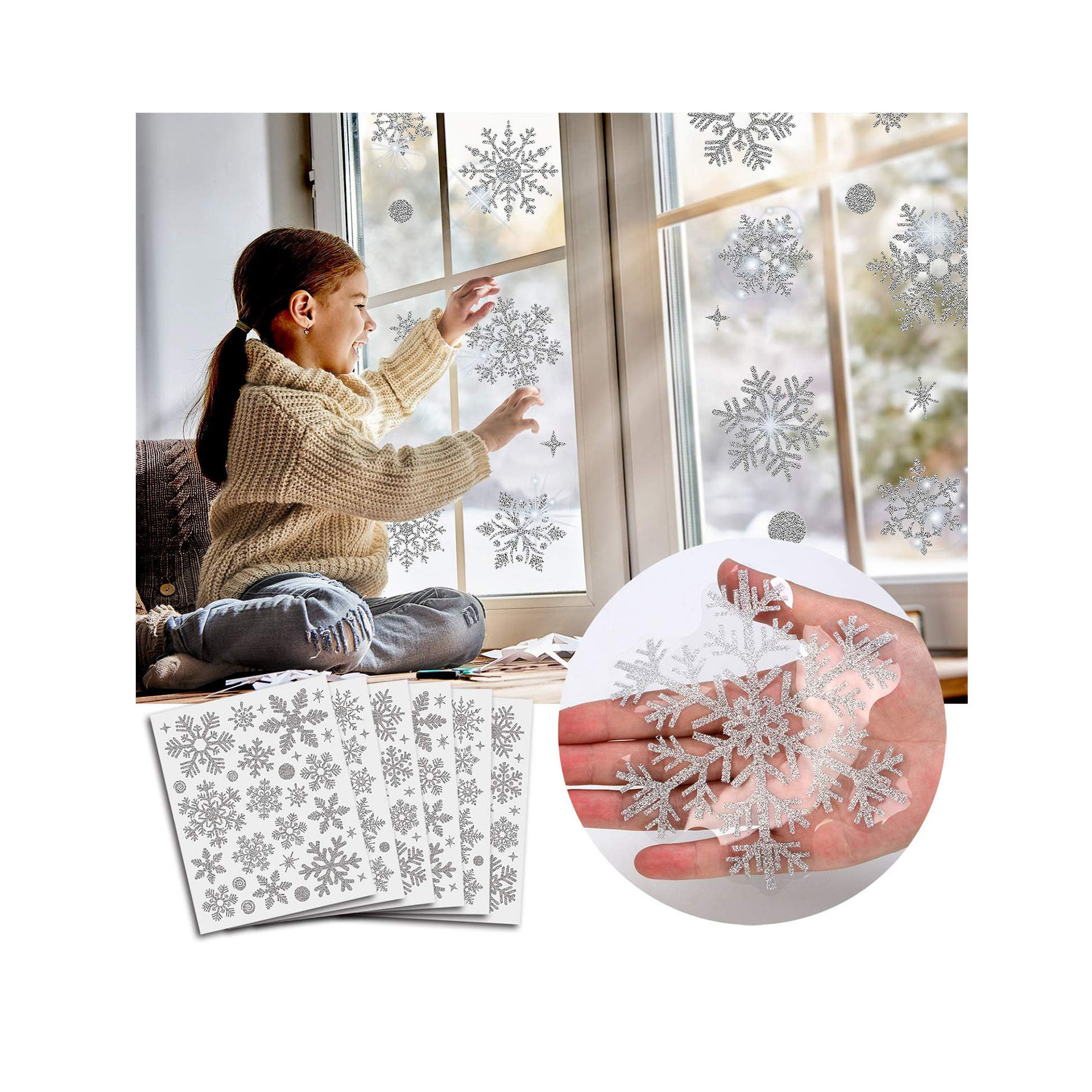 Christmas Window Clings Glitter Snowflake Window Decals for Glass Winter Xmas Navidad Decorations