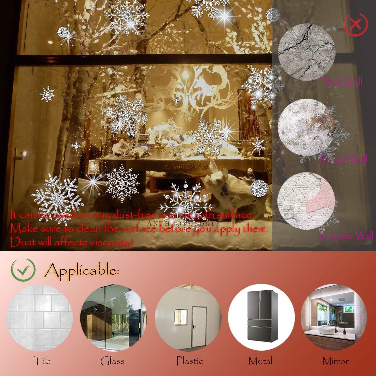 Christmas Window Clings Glitter Snowflake Window Decals for Glass Winter Xmas Navidad Decorations