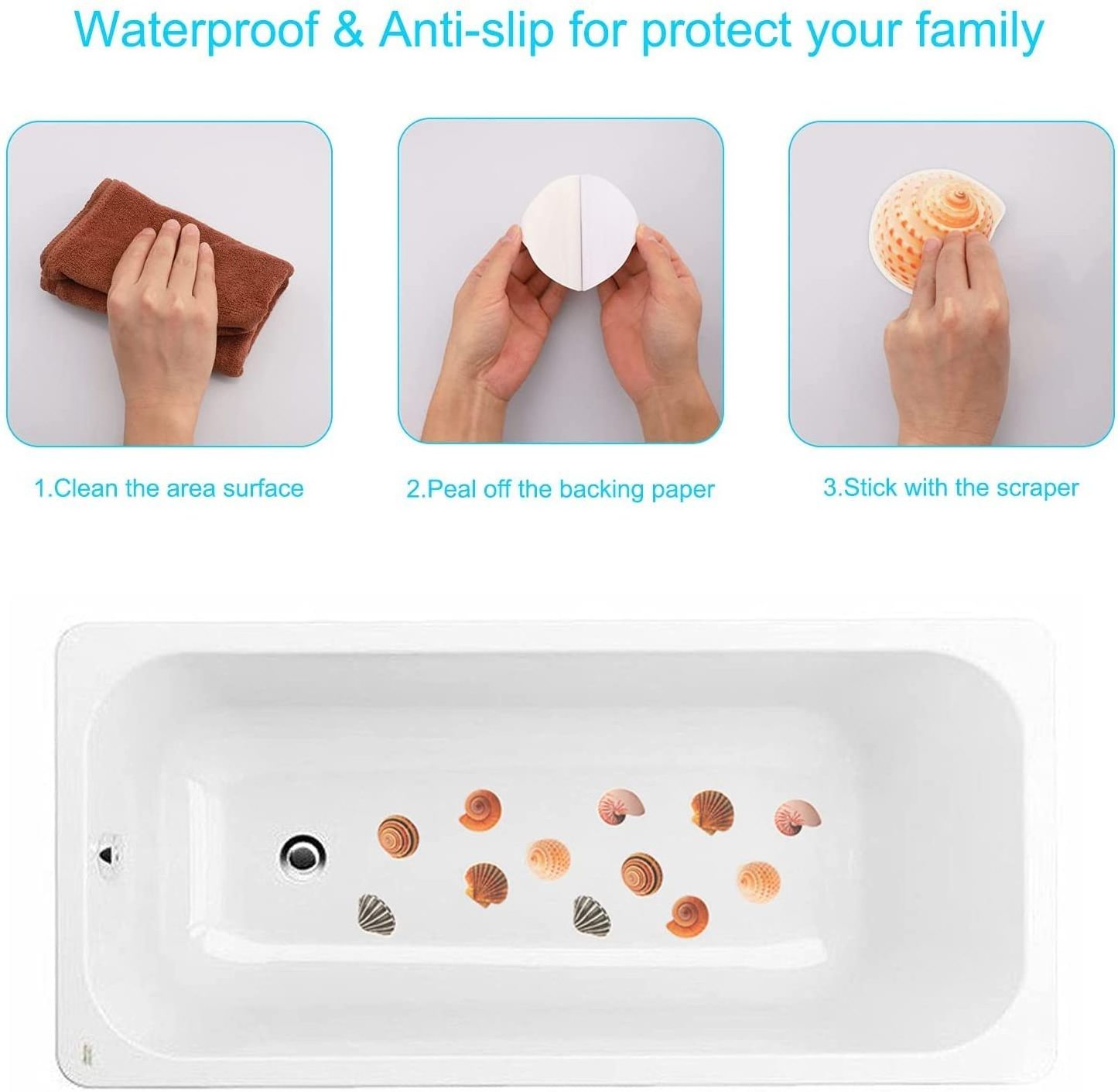 Anti-Slip Stickers Waterproof Shell Safety Shower Treads Adhesive Decal for Bathroom, Stairs, Ladders