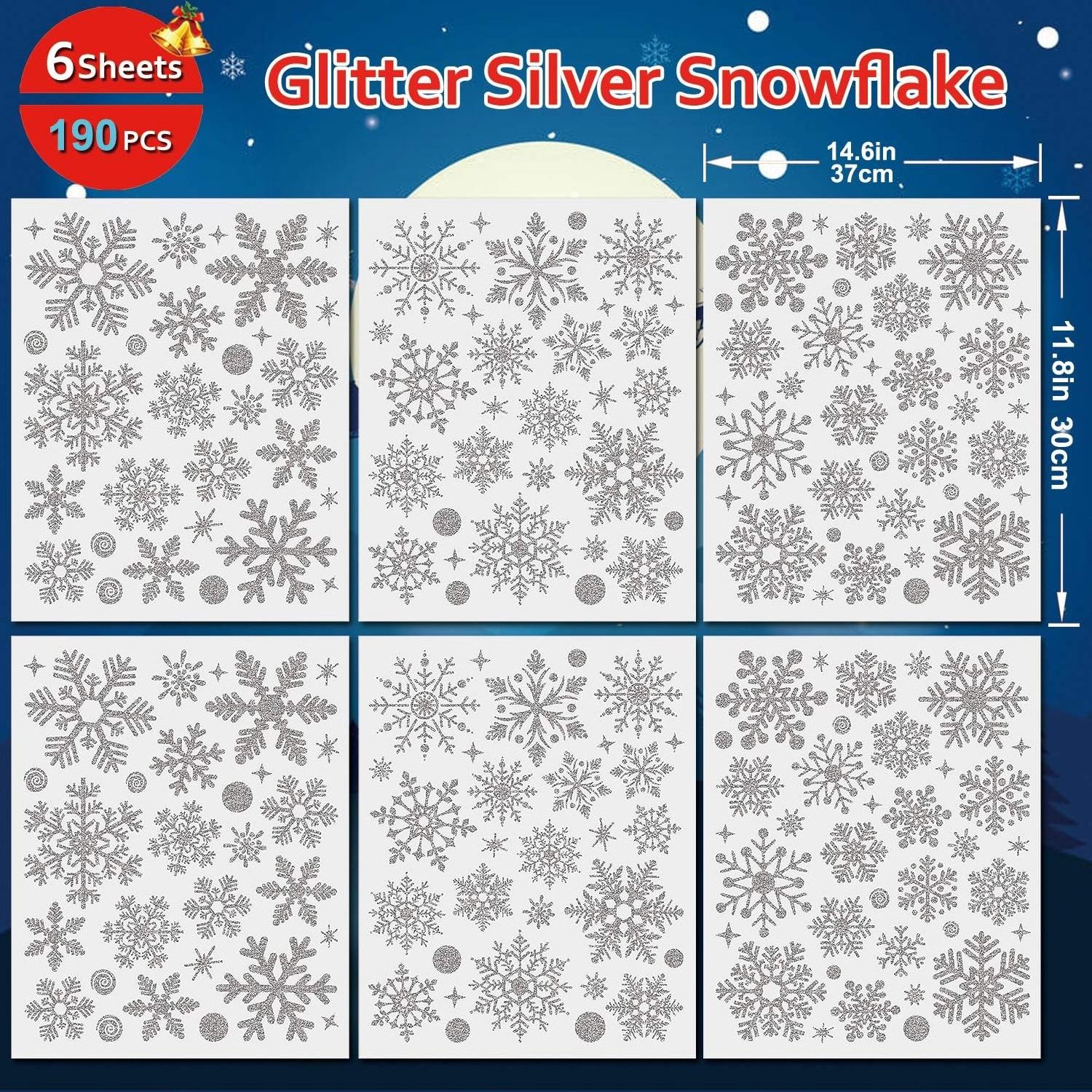 Christmas Window Clings Glitter Snowflake Window Decals for Glass Winter Xmas Navidad Decorations