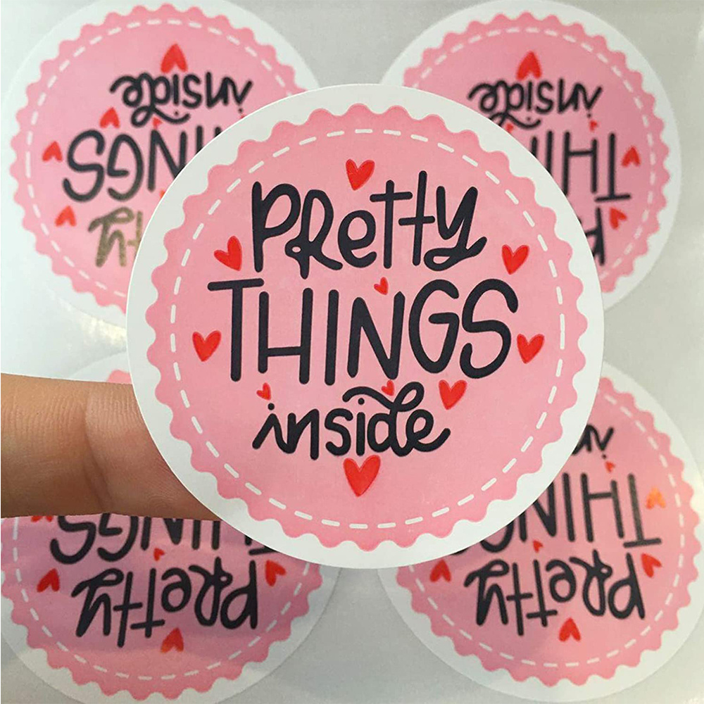 Pretty Things Inside Stickers Christmas Labels - Round Pink Small Business Thank You for Shopping Stickers with Hearts