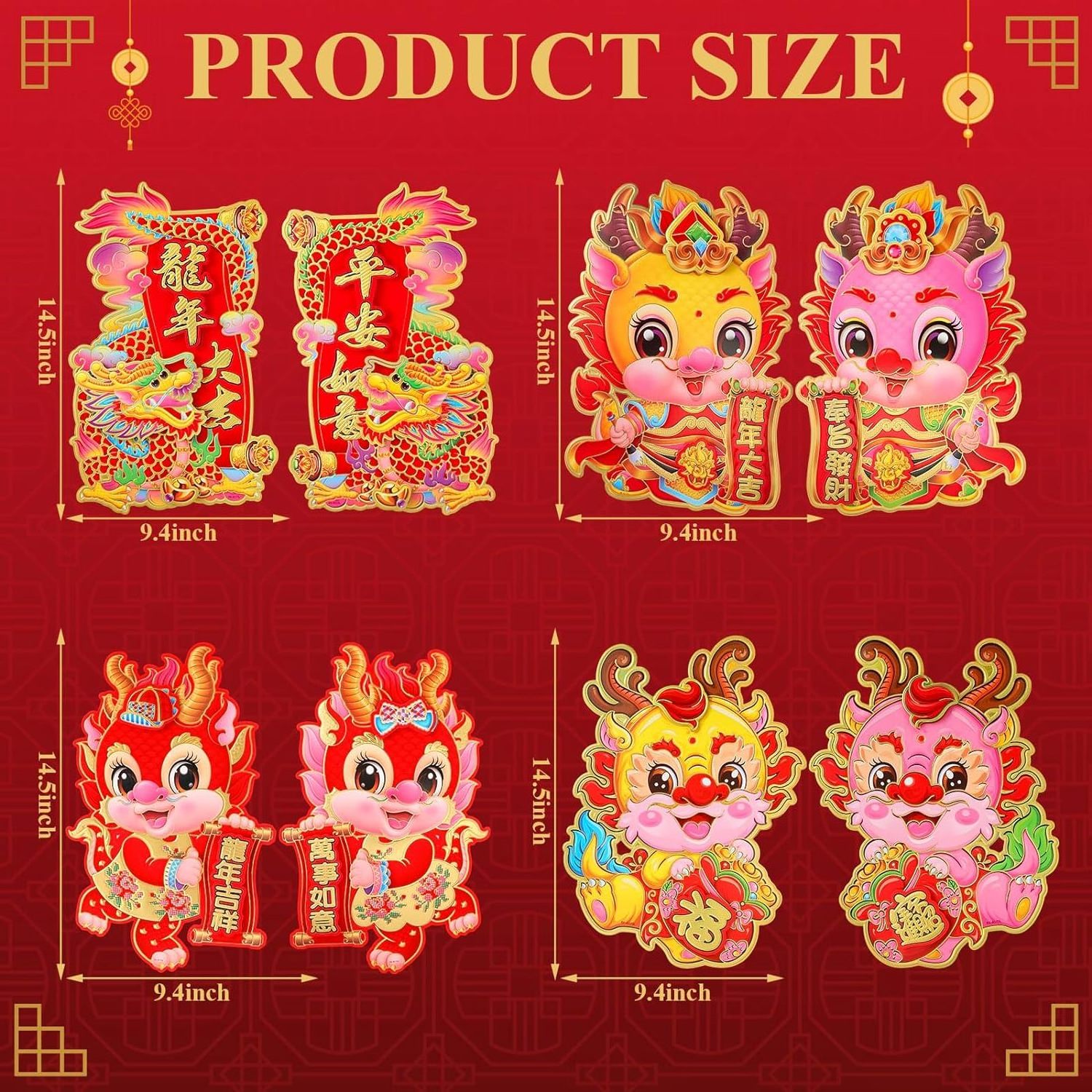 Chinese New Year Dragon Paper Lucky Hanging Ornaments Banner Red Envelopes Chinese Fu Character Window Decor for Spring Festival