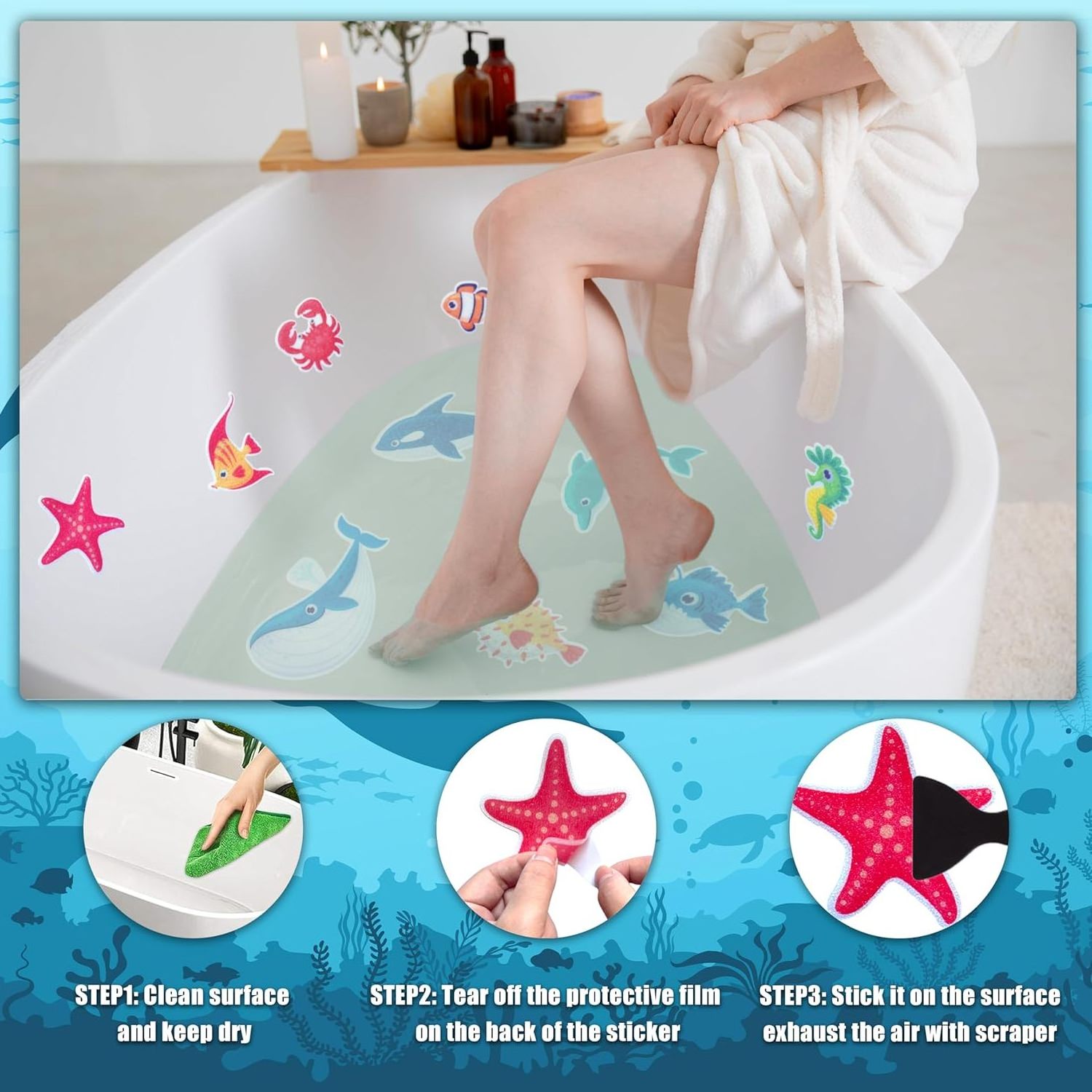 Custom Mixed Ocean Animals Bathtub Non Slip Adhesive Stickers For Kids Anti Slip Decal Threads for Shower and Bath Tub