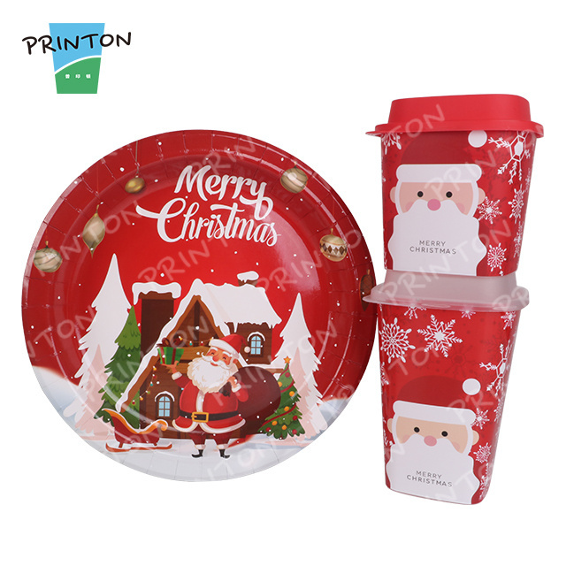 Printon Custom Printing disposable round happy Christmas party paper plates sets for party