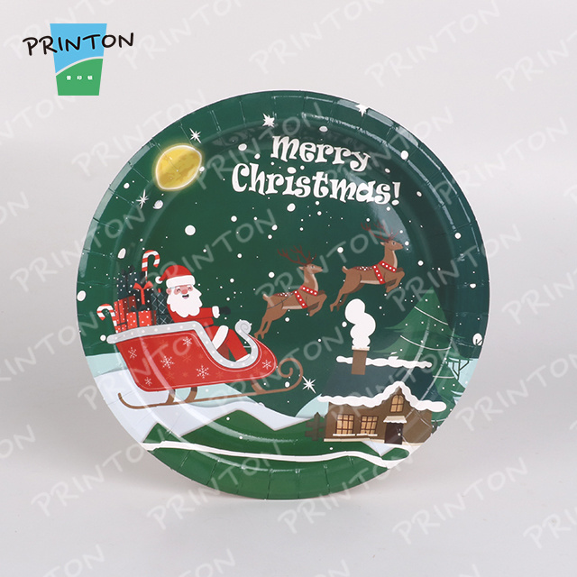 Printon Custom Printing disposable round happy Christmas party paper plates sets for party