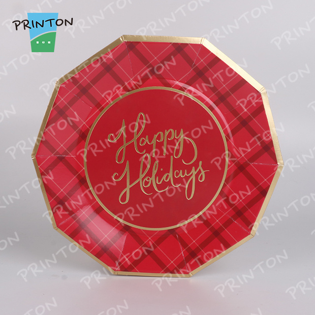 Printon Custom Printing disposable round happy Christmas party paper plates sets for party