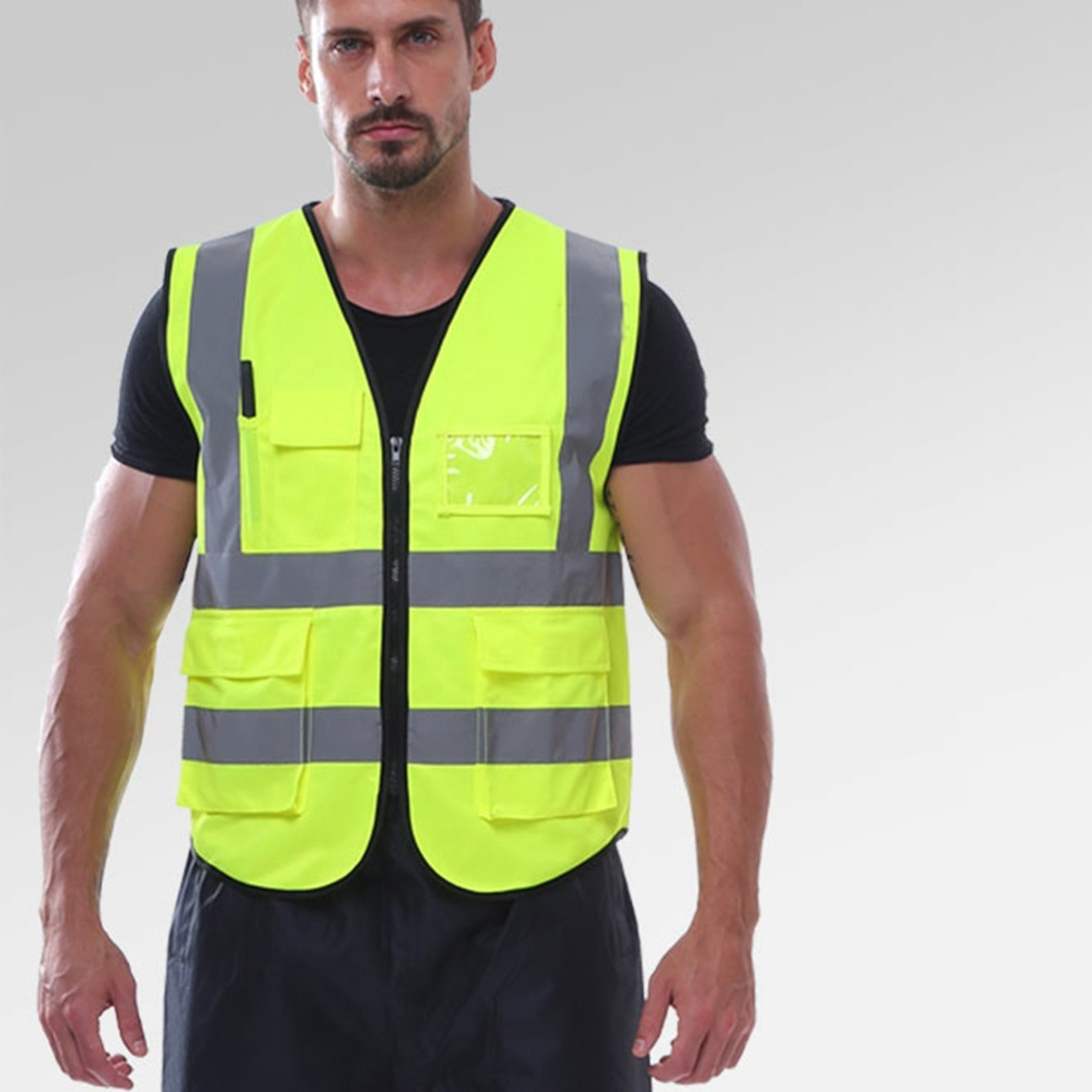 Sport breathable work poli Hi Vis yellow construction icon bike running motorcycle safety reflective vest with phone storage