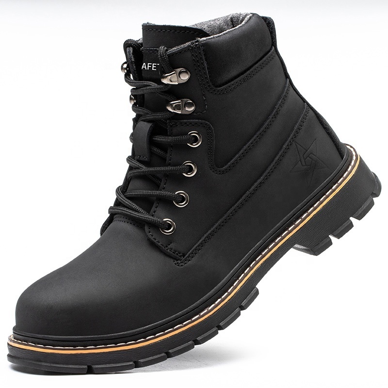 S3 security leather waterproof goodyear rubber soles work boots industry used steel toe brown cap safety shoes without no lace