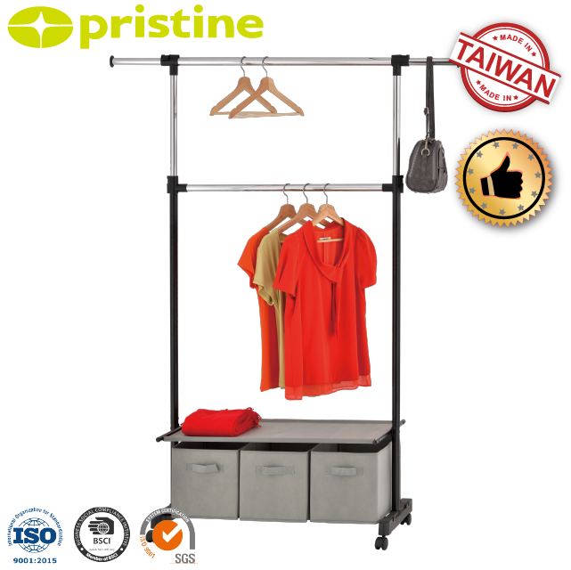 OEM SALE Organizer Taiwan household storage Furniture Manufacturer MIT DIY Double Garment Rack with 3 Fabric bag shelf